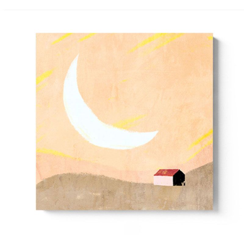 Moon Mountain Landscape Painting Childrens Art Textured Wall Decor in Pastel Color