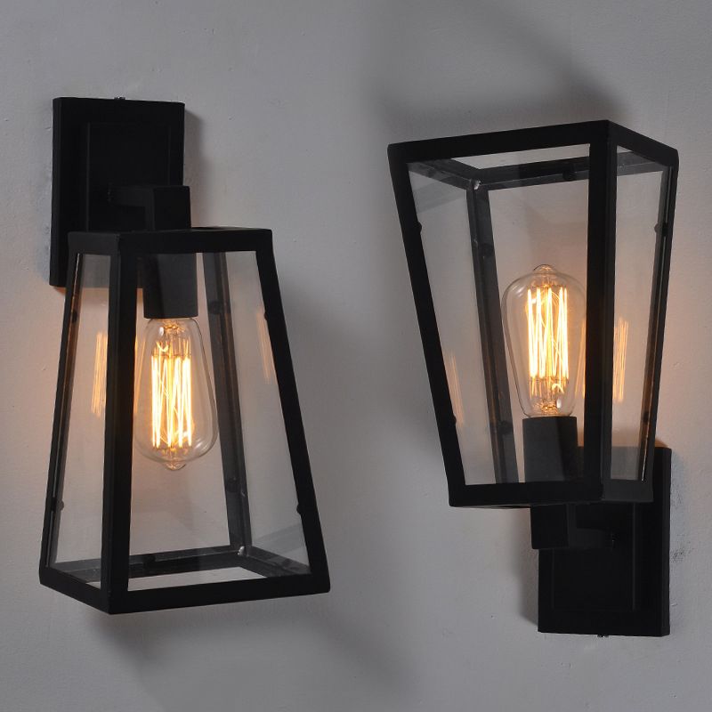 Glass Trapezoidal Wall Light Sconce Loft Style Aisle Wall Mount Light Fixture in Black