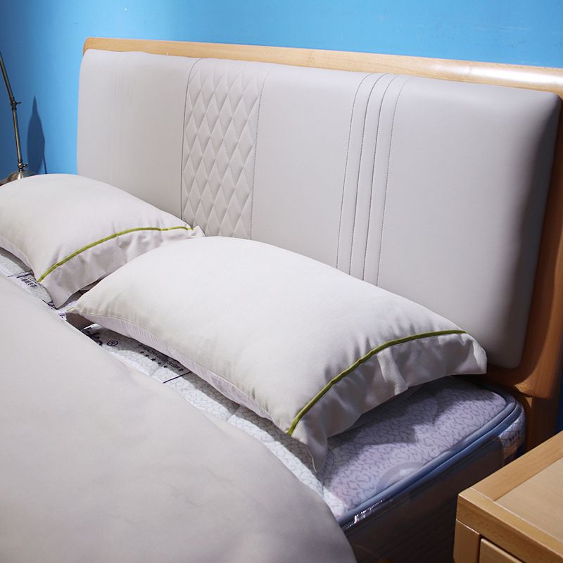 Mid-century Style Bed Frame Solid Wood Bed with Upholstered Headboard