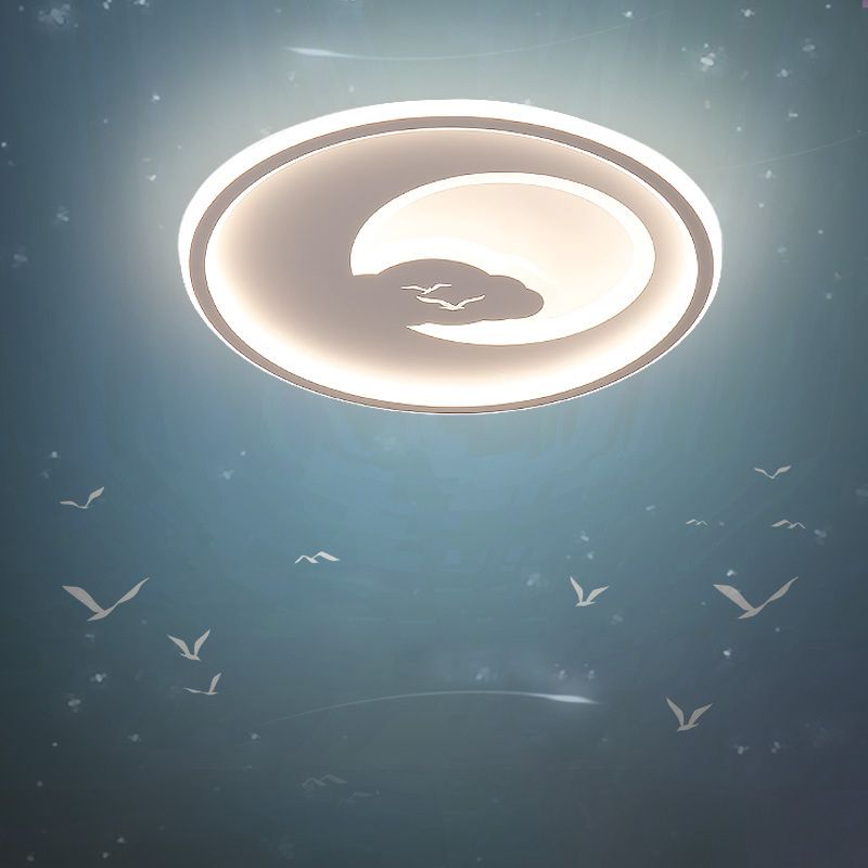Pink/White Circle LED Ceiling Fixture Modern 16"/19.5" Dia LED Acrylic Flush Mount Light with Moon and Bird Pattern, Warm/White Light