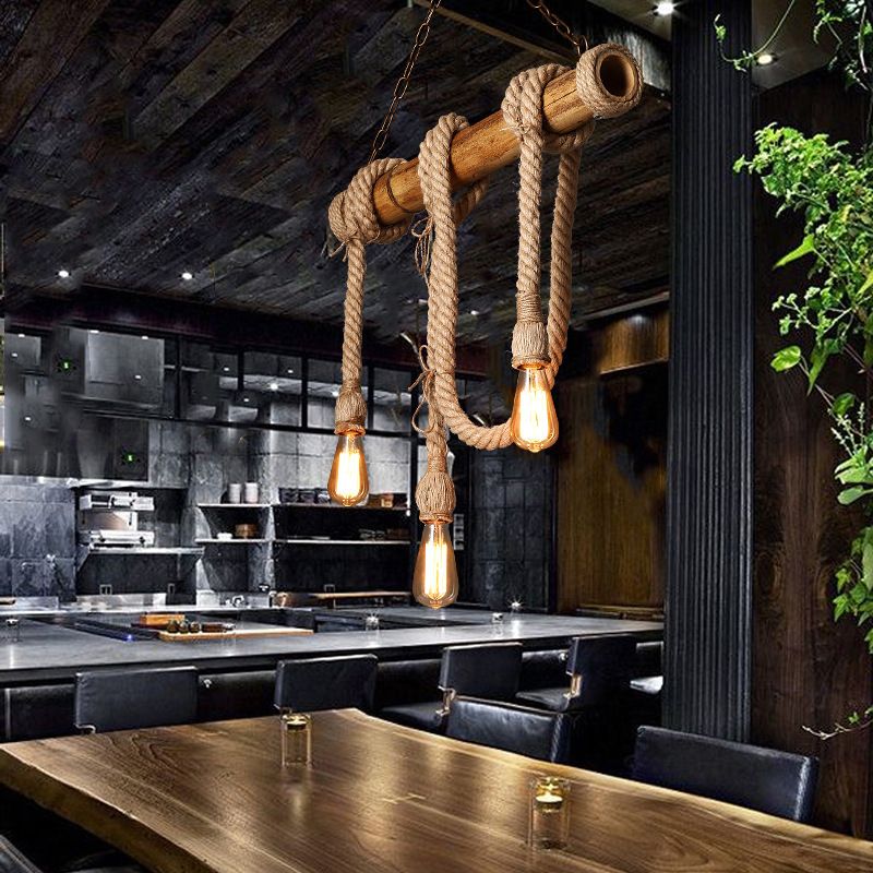 3/4 Lights Open Bulb Island Light Lodge Industrial Beige Adjustable Rope Ceiling Light with Bamboo