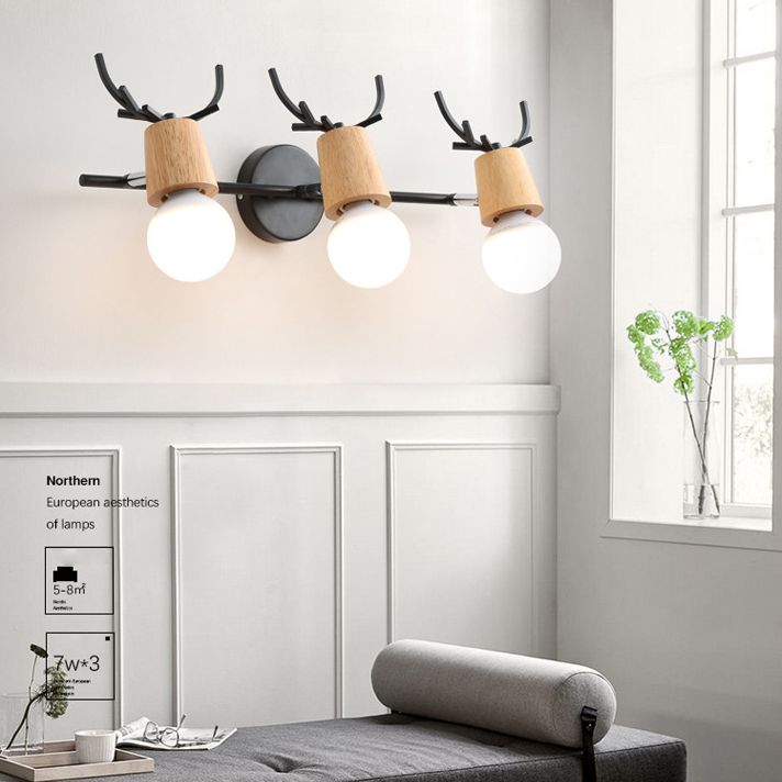 Noordse stijl eenvoud houten wandlamp metalen gewei ontwerp open lamp sconce licht voor slaapkamer