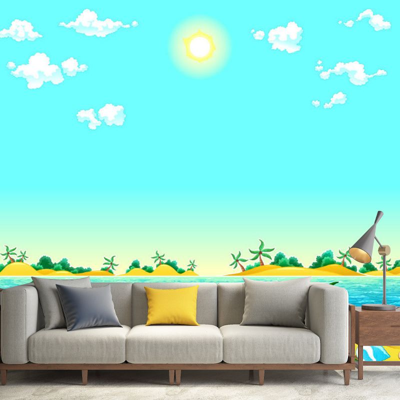 Blue and Yellow Beach Murals Wallpaper Waterproofing Cartoon Bathroom Wall Decor