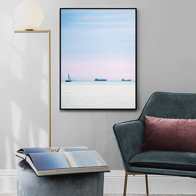 Foto-Sonnenuntergang-Ozean-Segelboot-Leinwandkunst, minimalistische, malerische Meereslandschaft, Wanddekoration in sanften Farben