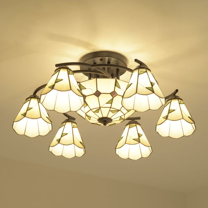 Mediterraan Bloemplafond Flush Licht bevlekte kunstglas Semi Montage verlichting voor slaapkamer