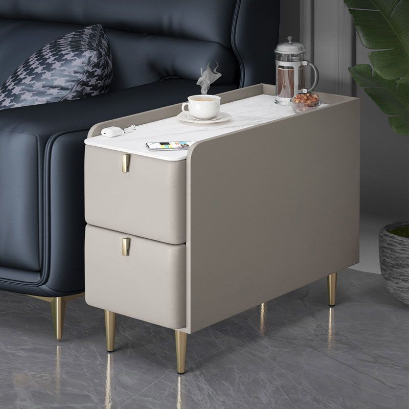 Modern Rectangle Slate Top Side Table 23.6" Tall Metal 4 Legs End Table with 2 Drawers