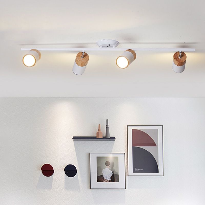 Nordic Cylindrical Metal and Wooden Cylindrical Track Spotlights Flush Mount Ceiling Light Fixtures for Foyer and Shop