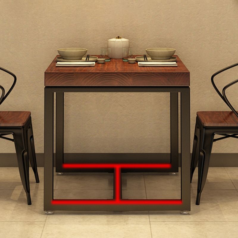 Solid Wood Top Dining Table Industrial Square Black Iron Trestle Base Table