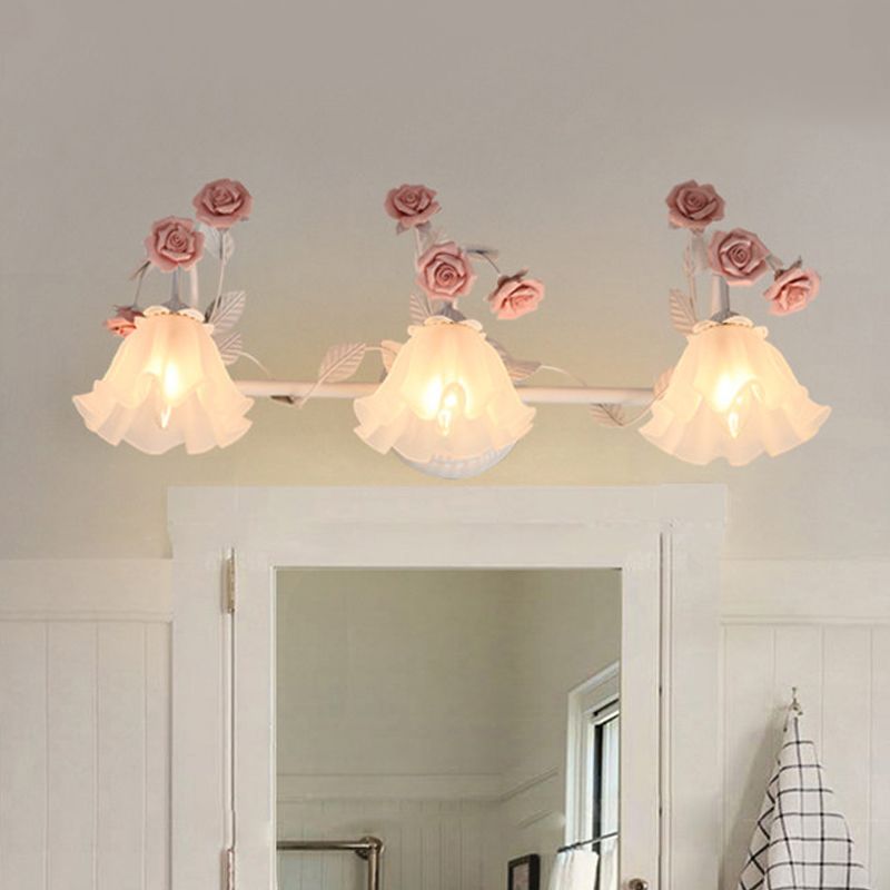 Ruffle Bathroom Wall Mount Light American Flower Frosted Glass 2/3-Head Pink/Blue Vanity Sconce