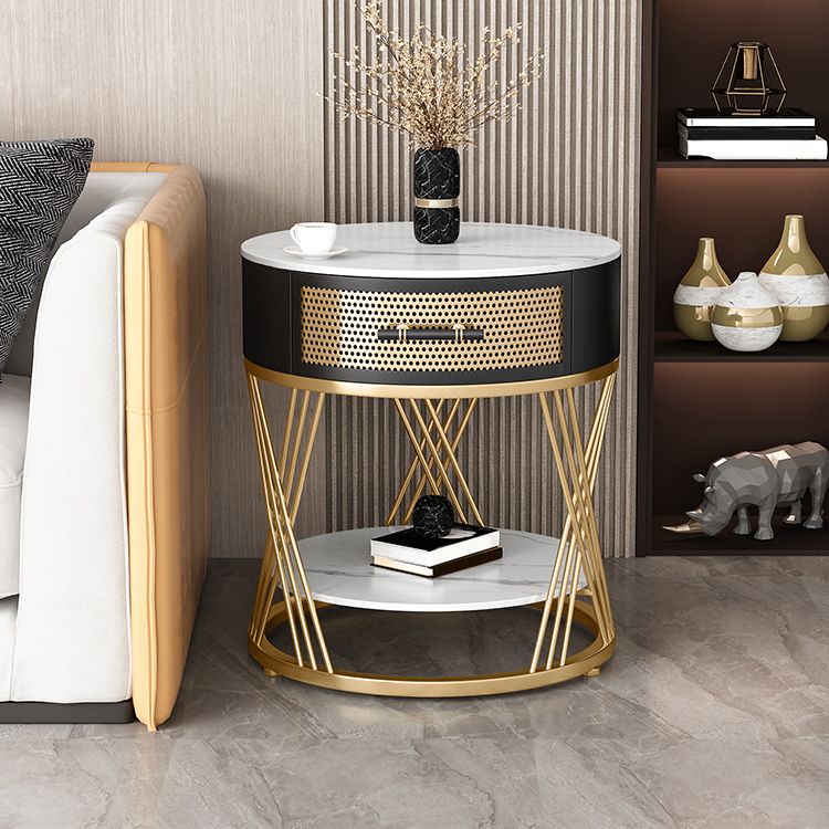 Modernistic Metal Frame End Table Slate Top Round Side End Table