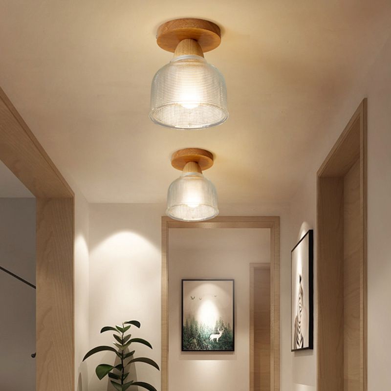 Simple 1-Light Ceiling Light Wooden Ceiling Mount Light with Glass Shade for Living Room