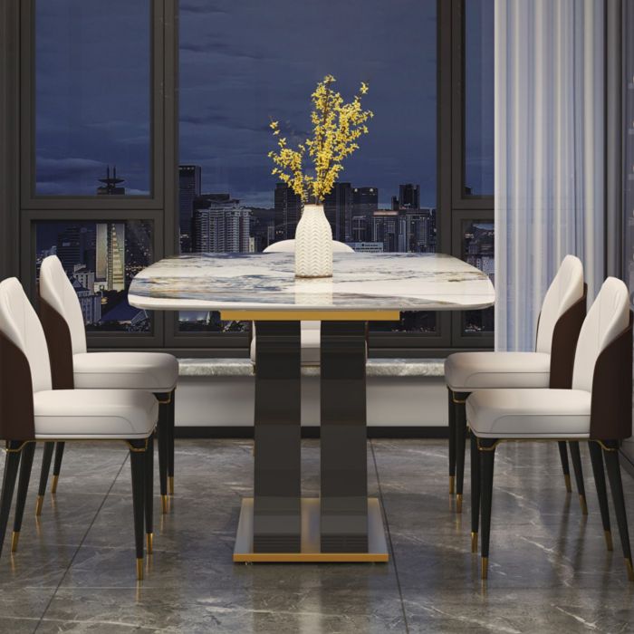 Dining Set of Modern Sintered Stone Table with Gold Metal Base Rectangle Dining Set for Restaurant