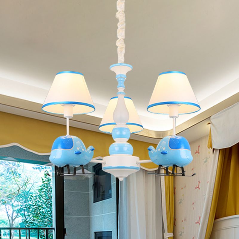 Cartoon Aircraft Chandelier Light Fixture Resin 3/5 Lights Child Room Ceiling Lamp with Cone White Fabric Shade in Blue