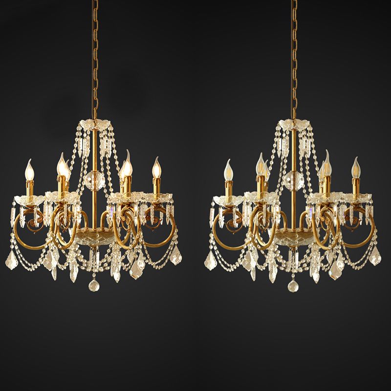 Gold Retro Rustic Style Crystal Large Chandelier Full Brass Candlestick Design Elegant Lighting Fixture for Living Room