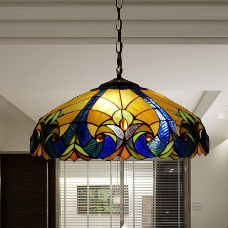 Tiffany Flared Ceiling Lamp 4 Heads Yellow/Blue Stained Art Glass Hanging Light Kit for Bedroom