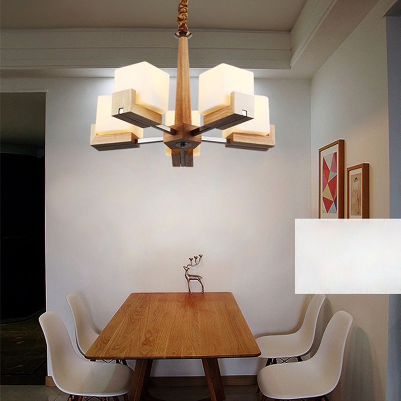 Modern Singularity Radial Pendant Light Wooden Indoor Chandelier with White Frosted Glass Shade