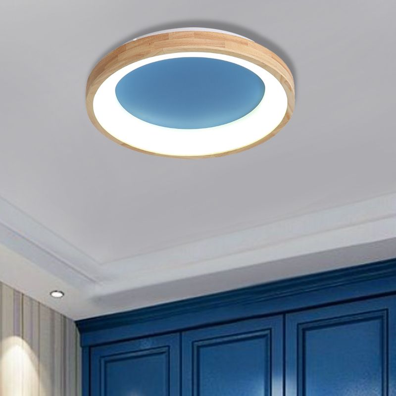 Plafonnier circulaire fin en bois, éclairage de plafond LED vert/bleu de Style nordique, largeur 12/16/19.5 pouces