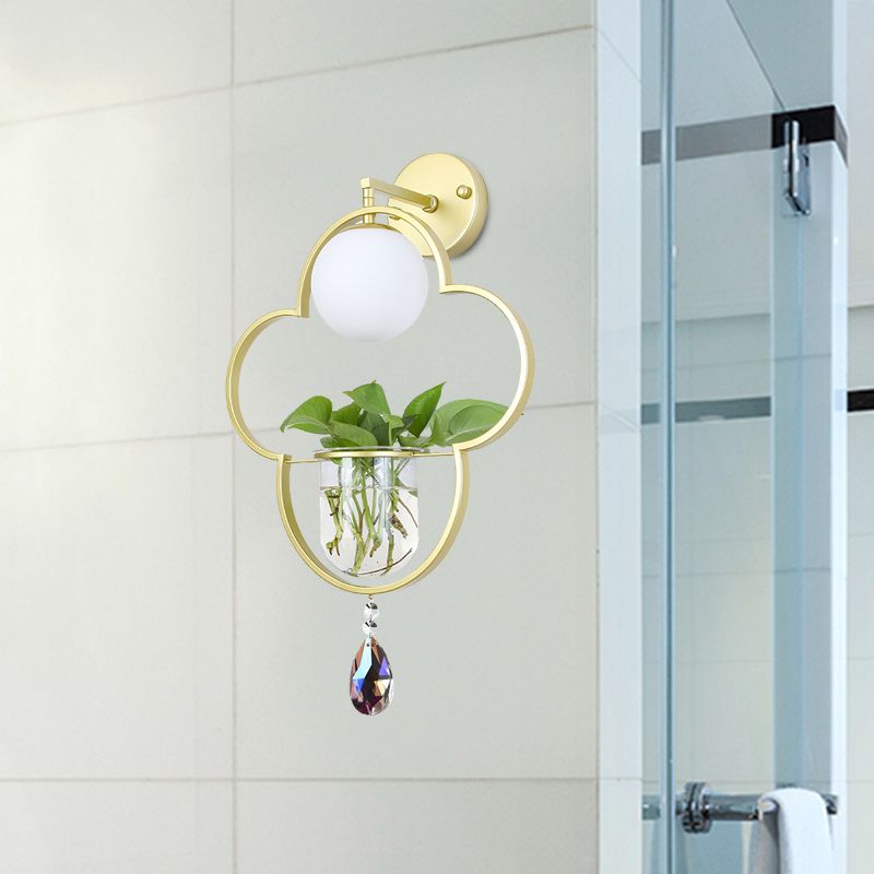 Vintage Clover Suspension Lamp 1 Head Metal LED Pendant Light in Gold with Crystal Accent