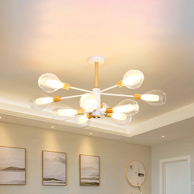 Simplicity Teardrop Ceiling Flush Clear Glass 10 Lights Living Room Semi Flush in White with Wooden Cap