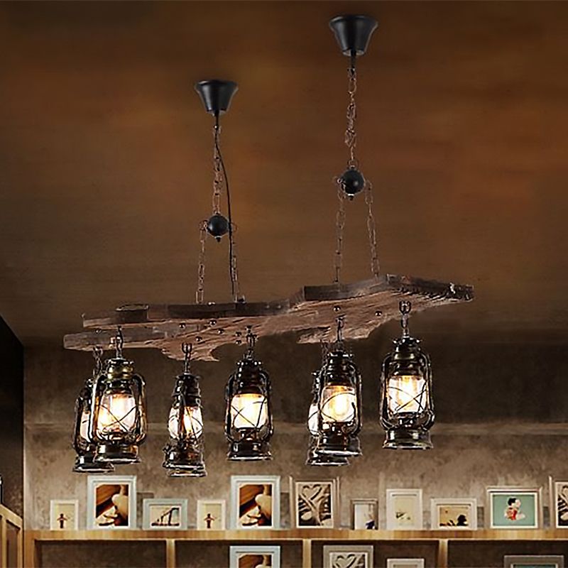 Luce lampadario lineare con tonalità lanterna Industrial Metal 8 Lights Island Lighting in ottone antico