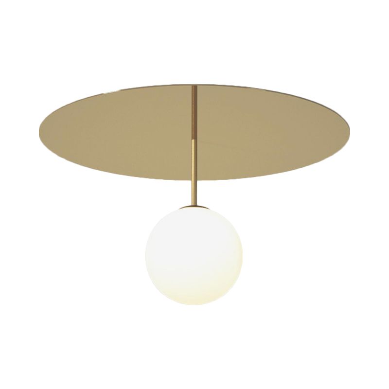Cream Glass Ball Semi Flush Light Fixture Simple 1 Head Gold Ceiling Mount Lamp with Disc Canopy