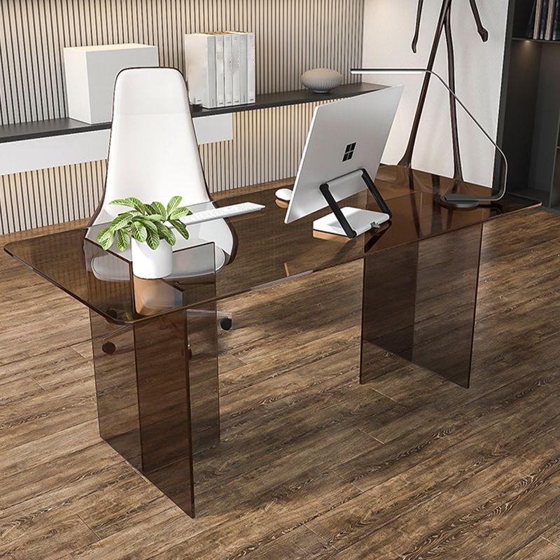 Glass Contemporary Rectangular Dining Table Clear Glass Table with Double Pedestal