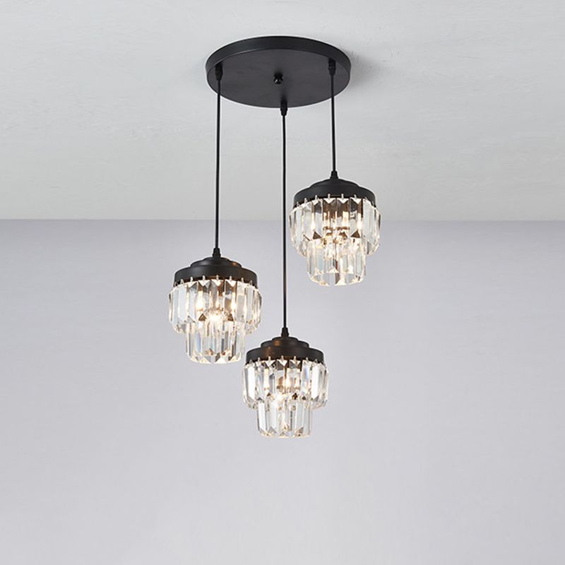 3 Köpfe 2-Tier-Cluster-Anhänger moderner schwarzes, klares Kristallprisma Hängenlampe mit runden/linearen Baldachin