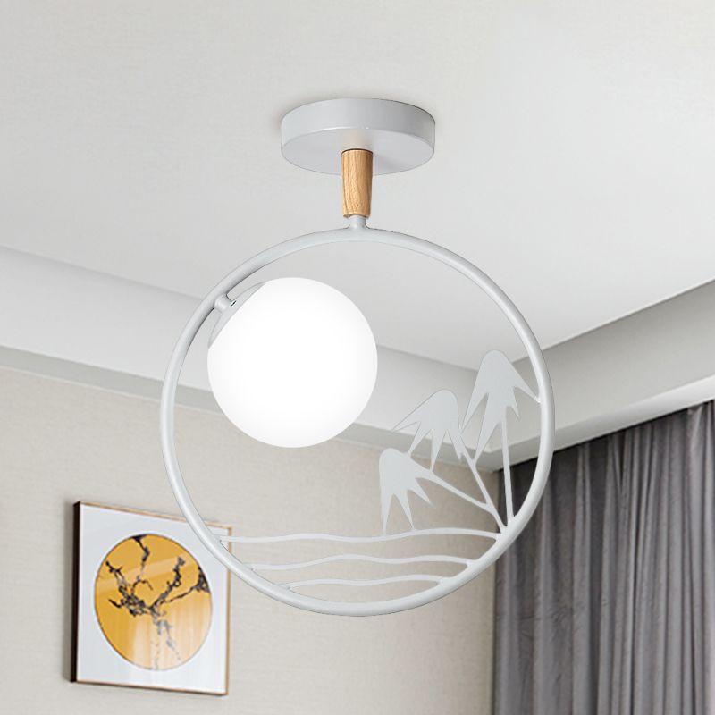 Iron Loop Semi Mount Lighting Macaron 1 Light White/Grey/Green Finish Ceiling Flush with Ball Opal Glass Shade