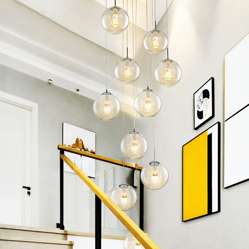 10-Head Multi Light Pendant Modernism Stair Suspension Lamp with Sphere Clear Glass Shade in Silver