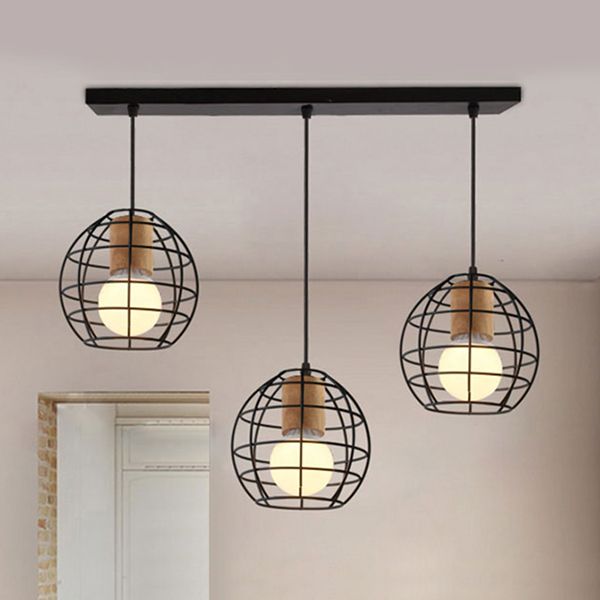 3 Heads Ceiling Fixture Retro Stylish Globe/Hexagon Cage Shade Metal Pendant Light Fixture in Black