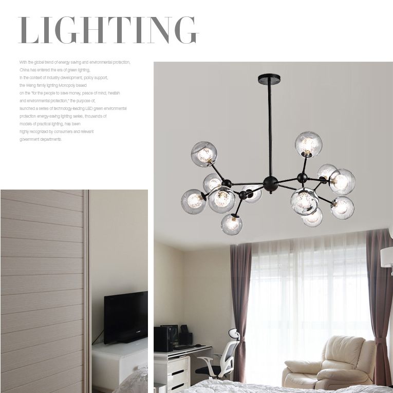 Black Branch Hanging Chandelier Light Modern Clear Glass Shade Ceiling Chandelier for Living Room