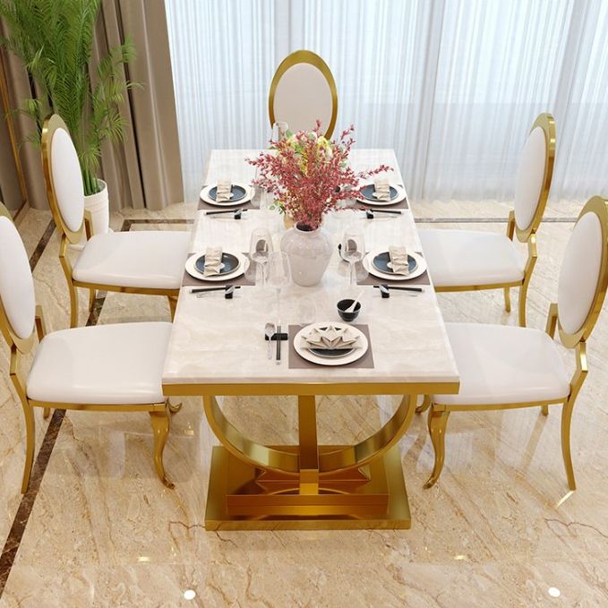 Stainless Steel Traditional Luxury Rectangle Table Marble Top Table with Trestle Base