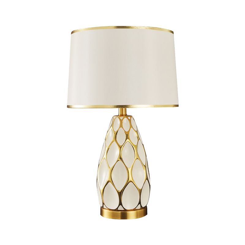 Éclairage de Table à tambour en céramique, lampe de nuit blanche moderne à 1 ampoule avec abat-jour en tissu pour le salon