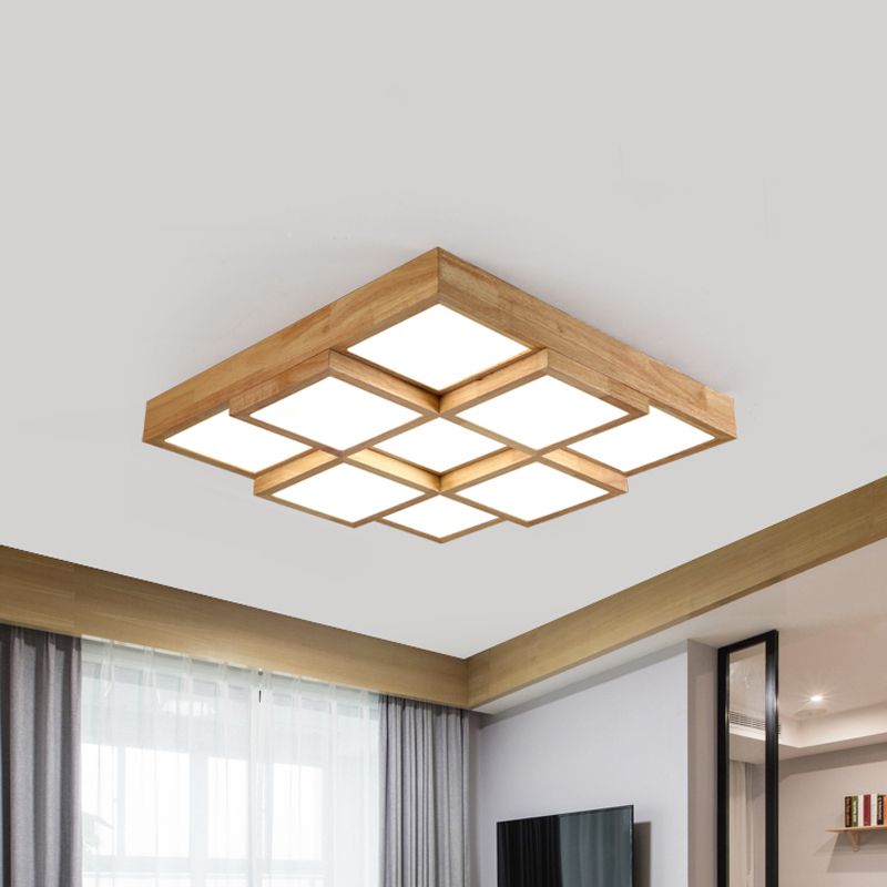 Natuurlijke Houten Vierkante Flush Licht Moderne 4/6/9-Licht Houten LED Plafond Lamp in Warm/Wit/Natuurlijk Licht