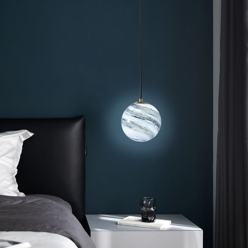 Stained Glass Planet Hanging Lamp Minimalist 1-Light Down Lighting Pendant for Bedroom