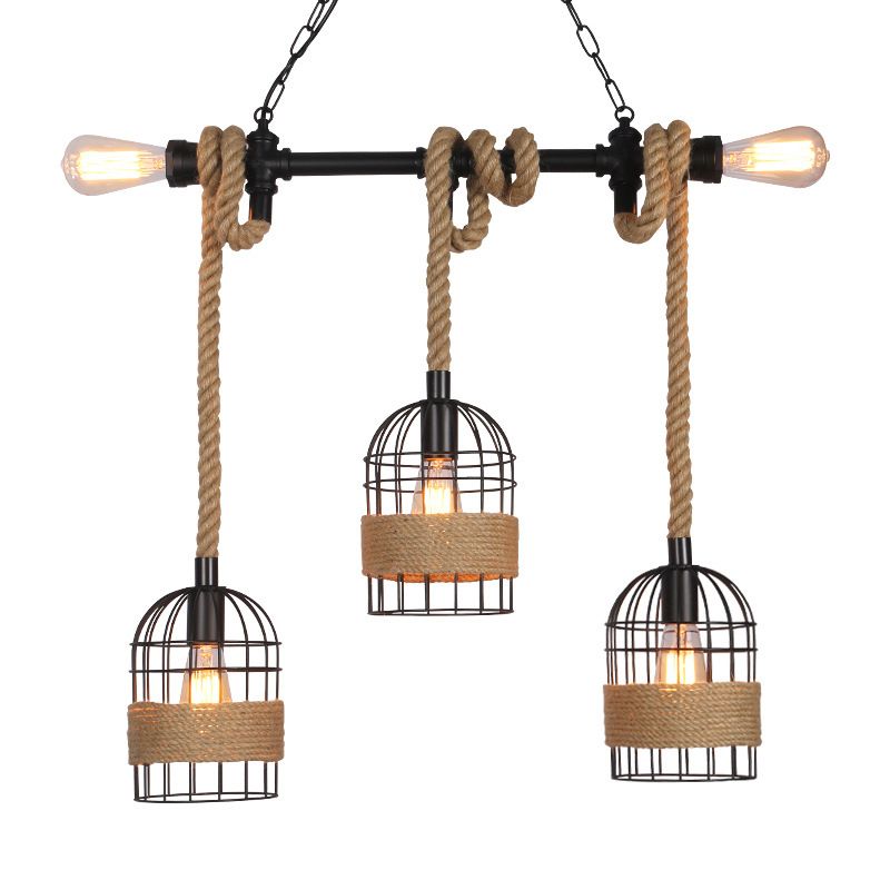 Birdcage Rope Island Ceiling Light Rustic 5-Light Dining Room Pendant Lighting in Black
