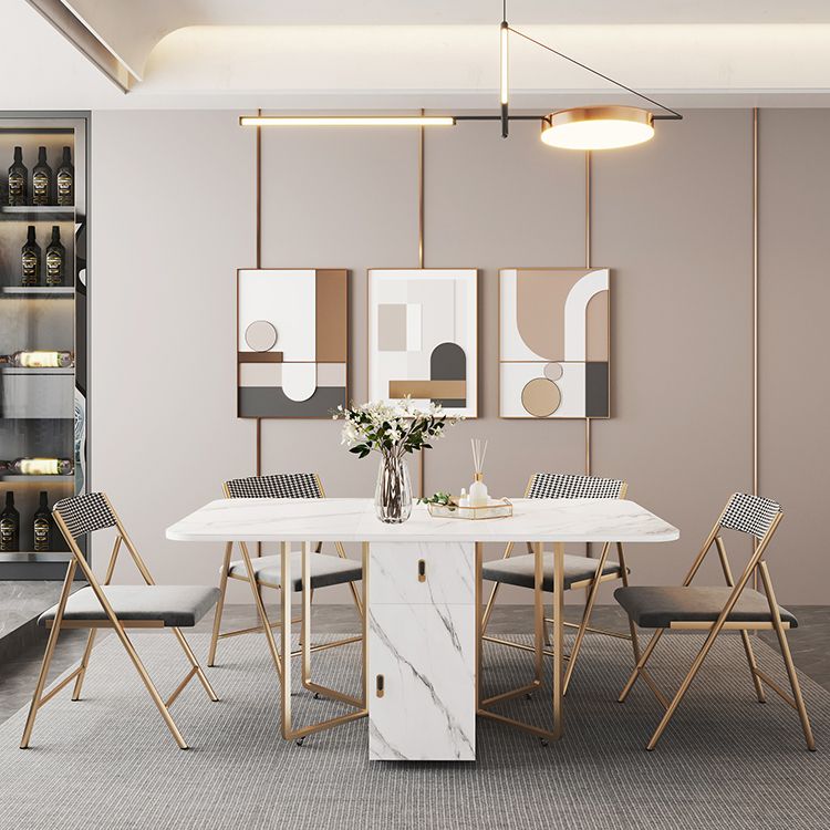 Contemporary Rectangle Dining Table Sintered Stone Drop-Leaf Table with Metal Base for Dining Room