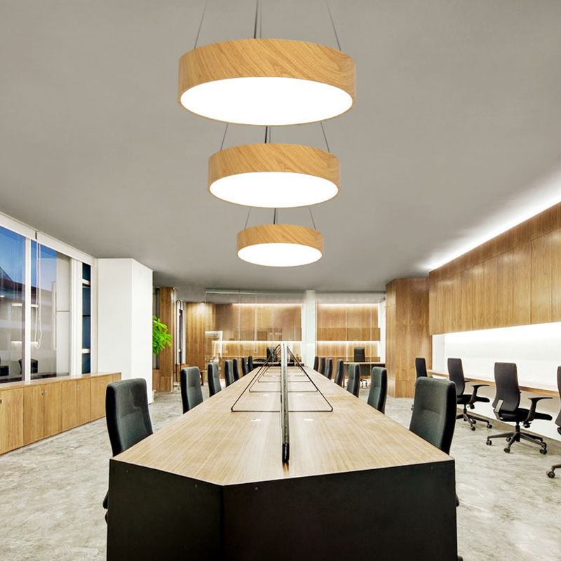 Wood Grain Drum Shaped Pendant Nordic Metal LED Hanging Lamp with Acrylic Shade for Office