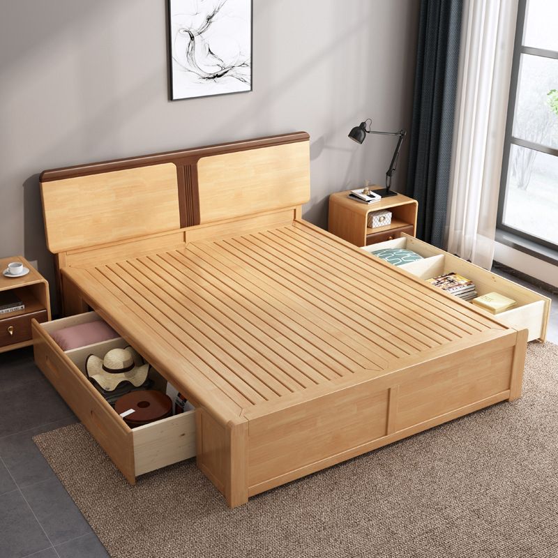 Contemporary Panel Bed Solid Wood Natural Standard Bed with Headboard