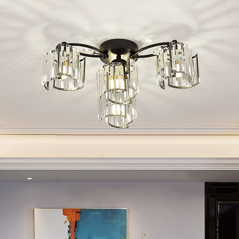 Curved Panel Semi Flush Mount Modern Crystal Rectangle 4/6 Heads Dining Room Ceiling Lighting in Black