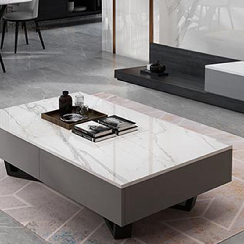 Marble Top Abstract Coffee Table with Storage Contemporary White