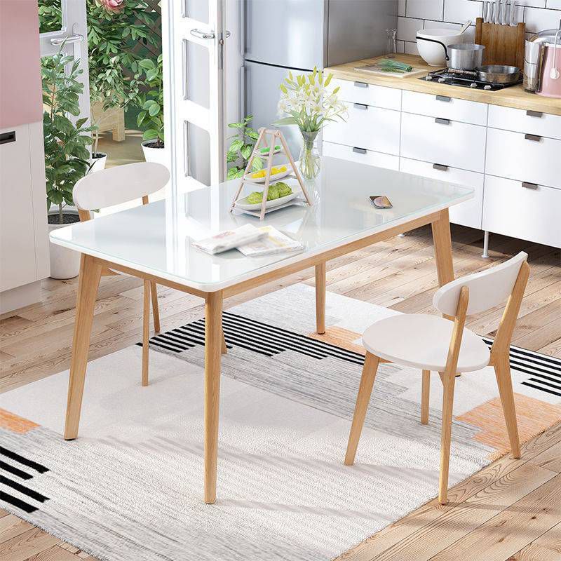 Glass Top Dining Table Modern Dining Table with 4 Solid Wood Legs