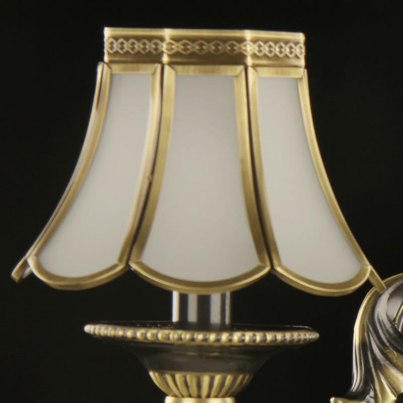 2 Heads Scalloped Wall Light Traditional Gold-Black Opal Glass Sconce Fixture with Crystal Decorations