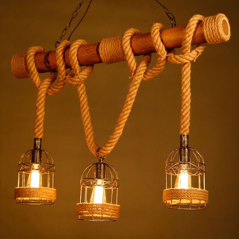 Retro industrial de cáñamo de cáñamo de cáñamo colgante de alambre de hierro tono de jaula 3 luces de techo de madera maciza luz de colgar para bar de restaurantes