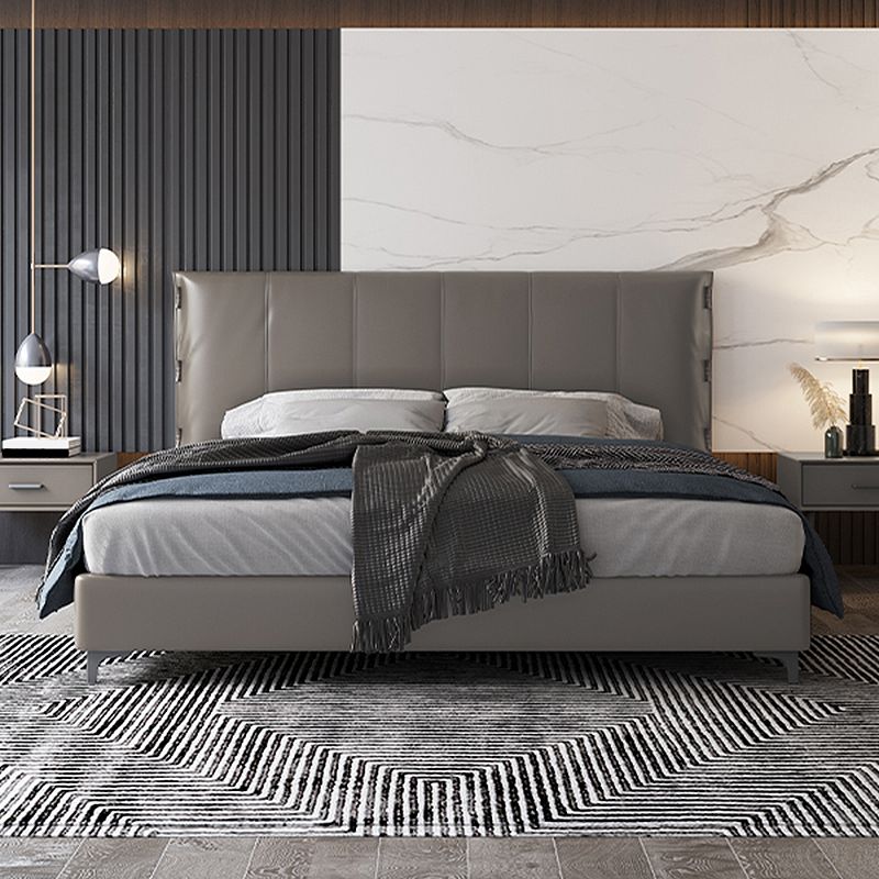 Wooden Modern Grey Bed Frame with Headboard, Genuine Leather Panel Bed
