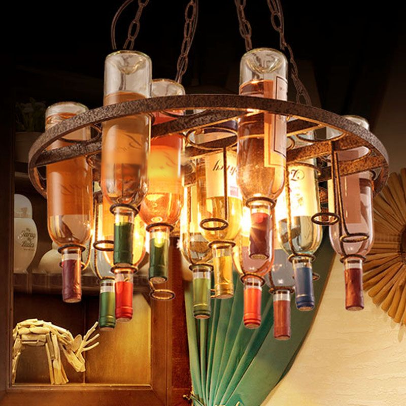 Wine Bottle Kitchen Island Chandelier Light Farmhouse Colorful Glass 3 Lights Rust Hanging Lamp