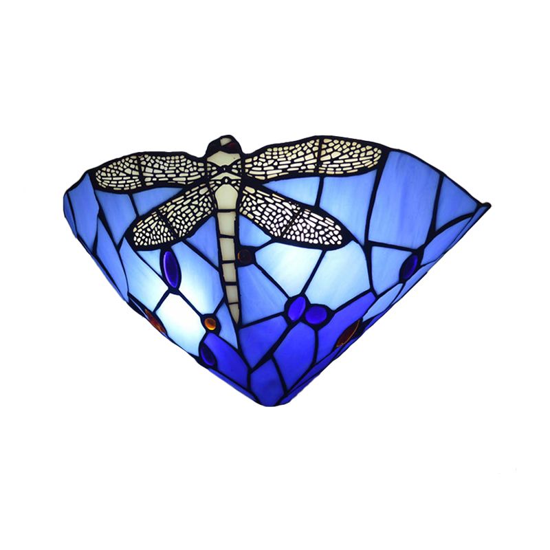 Cone Cut Glass Wall Mount Sconce Tiffany 1 Head Dragonfly Patterned Wall Hanging Light
