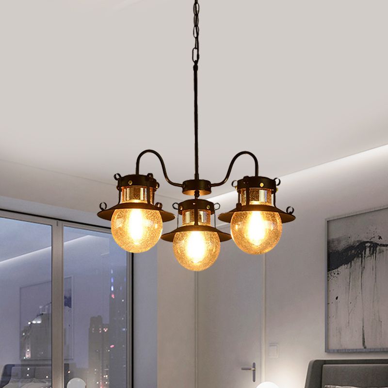 Lampadario a ruota nera classica classica metallica 3/6/8 testa soggiorno lampada a sospensione con tonalità in vetro trasparente globo