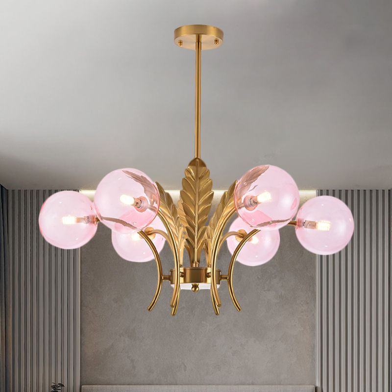 Bol plafondlamp eenvoud wit/roze/cognac glas 6-bulb salon led hangende kroonluchter met bladdecoratie