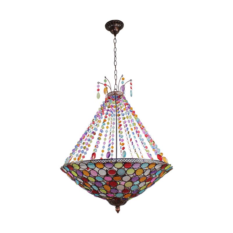 Bohemia Antique Copper Pendant Lighting with Bowl Shade 1/3/5-Bulb Crystal Ceiling Hanging Light